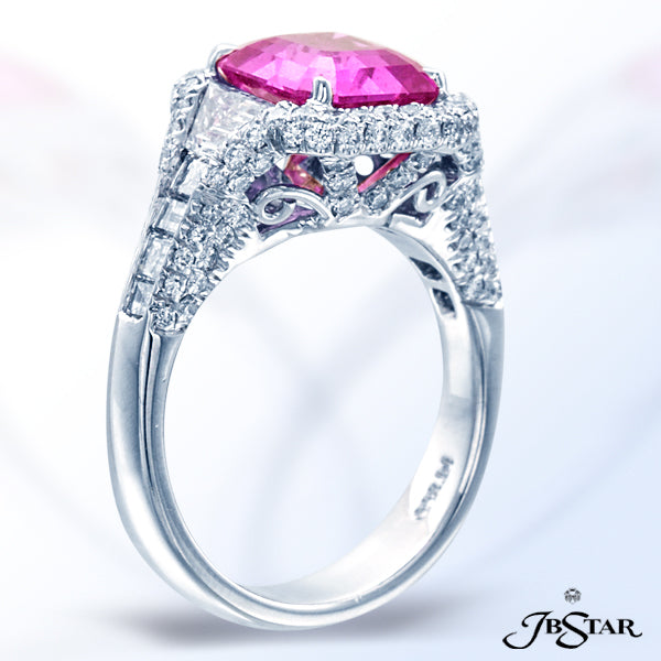 JB STAR PINK SAPPHIRE AND DIAMOND RING HANDCRAFTED WITH A BEAUTIFUL 3.36 CT "NO-HEAT" EMERALD-CUT PI