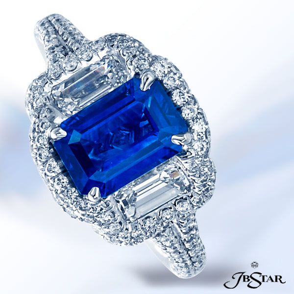 JB STAR SAPPHIRE AND DIAMOND RING FEATURING A 2.10 CT EMERALD-CUT SAPPHIRE ENCIRCLED WITH PAVE AND E