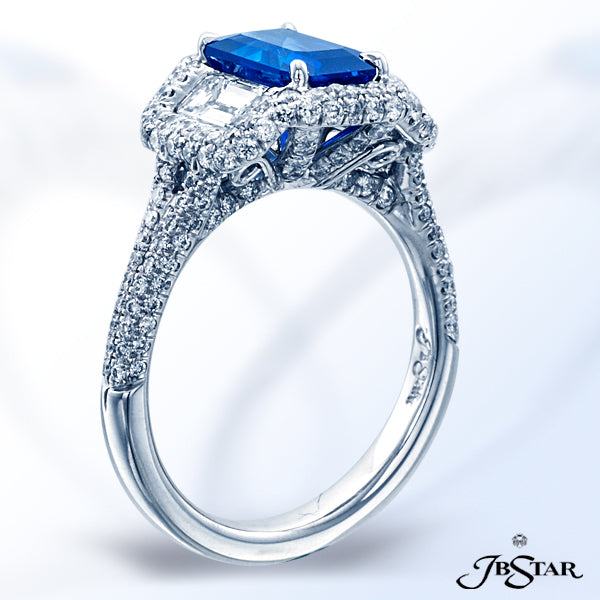 JB STAR SAPPHIRE AND DIAMOND RING FEATURING A 2.10 CT EMERALD-CUT SAPPHIRE ENCIRCLED WITH PAVE AND E