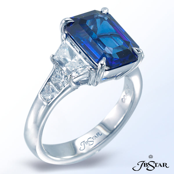 JB STAR PLATINUM SAPPHIRE AND DIAMOND RING WITH A STUNNING 4.87 CT EMERALD-CUT BLUE SAPPHIRE EMBRACE
