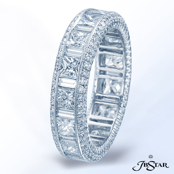 JB STAR PLATINUM DIAMOND ETERNITY BAND HAND SET WITH 13 PRINCESS AND 13 BAGUETTE DIAMONDS IN CHANNEL