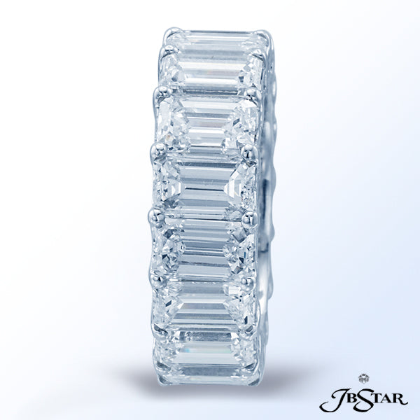 JB STAR PLATINUM DIAMOND ETERNITY BAND WITH 17 MAGNIFICENT, HAND-MATCHED EMERALD-CUT DIAMONDS IN SHA
