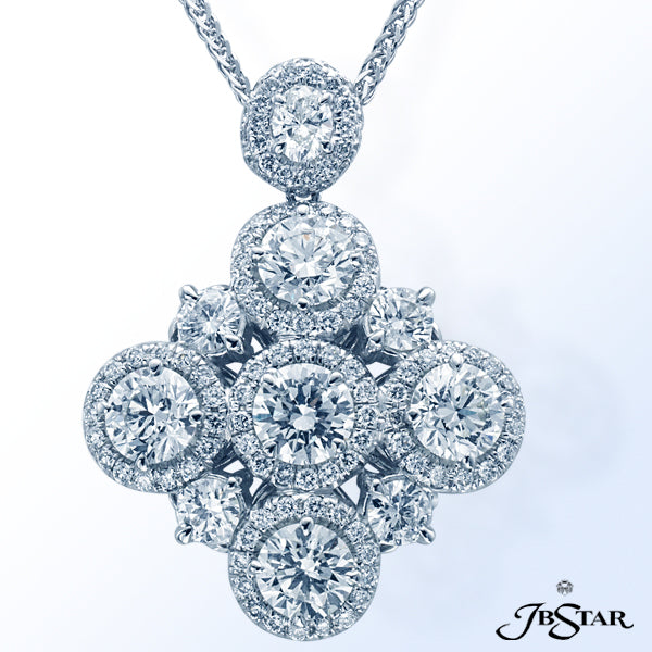 JB STAR PLATINUM DIAMOND PENDANT HANDCRAFTED IN A UNIQUE DESIGN OF ROUND DIAMONDS SURROUNDED BY MICR