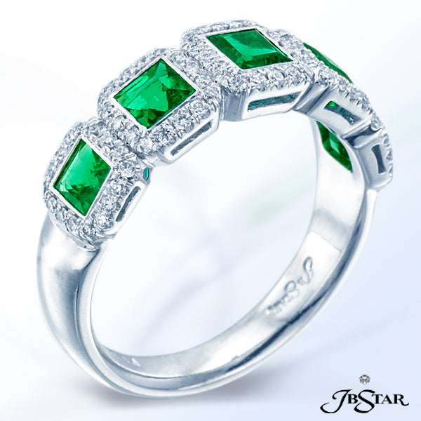 JB STAR PLATINUM WEDDING BAND HANDCRAFTED WITH 5 PERFECTLY MATCHED EMERALD-CUT EMERALDS IN A MICRO P