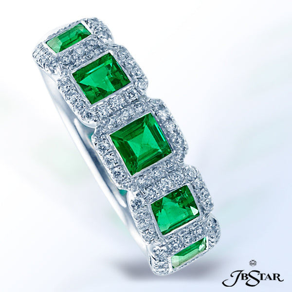 JB STAR PLATINUM WEDDING BAND HANDCRAFTED WITH 5 PERFECTLY MATCHED EMERALD-CUT EMERALDS IN A MICRO P