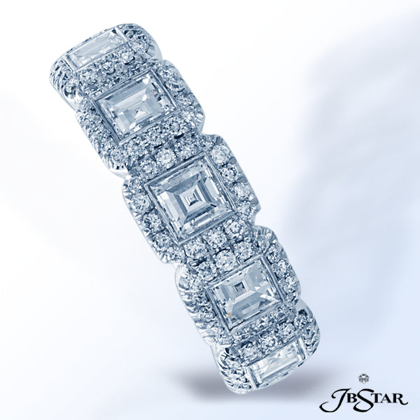 JB STAR HANDCRAFTED DIAMOND BAND EXQUISITELY MADE WITH 5 ASSCHER-CUT DIAMONDS IN BEZEL SETTING, EACH