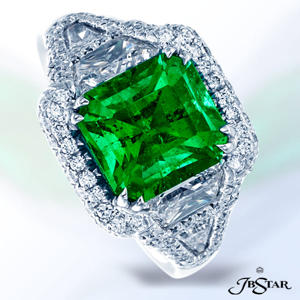 JB STAR PLATINUM DIAMOND AND EMERALD RING FEATURING AN AMAZING 3.40 CT EMERALD-CUT EMERALD EMBRACED
