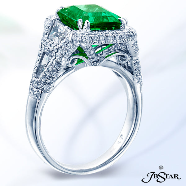 JB STAR PLATINUM DIAMOND AND EMERALD RING FEATURING AN AMAZING 3.40 CT EMERALD-CUT EMERALD EMBRACED