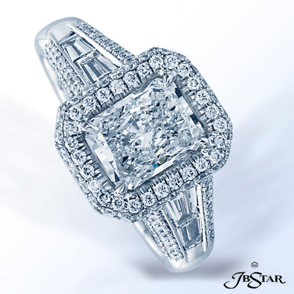 JB STAR PLATINUM DIAMOND RING FEATURING A LOVELY 1.30 CT RADIANT DIAMOND CENTER IN A MICRO PAVE HALO