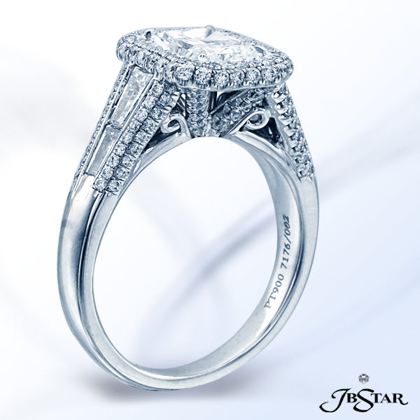 JB STAR PLATINUM DIAMOND RING FEATURING A LOVELY 1.30 CT RADIANT DIAMOND CENTER IN A MICRO PAVE HALO