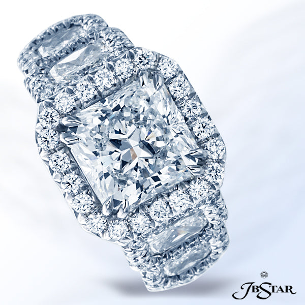 JB STAR PLATINUM DIAMOND RING FEATURING A GORGEOUS 3.11 CT RADIANT DIAMOND IN A MICRO PAVE HALO SETT