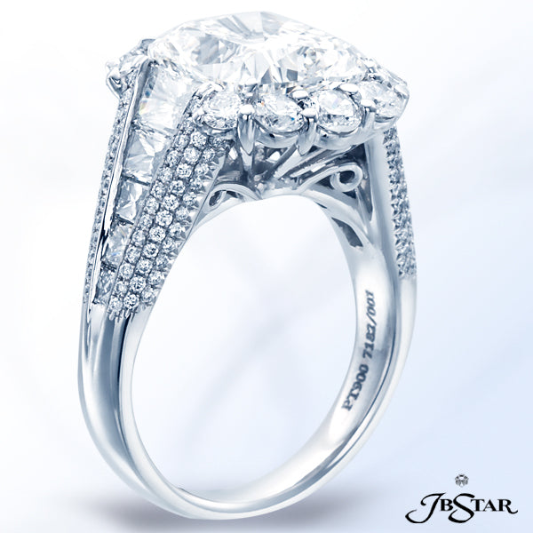 JB STAR DIAMOND ENGAGEMENT RING EXQUISITELY HANDCRAFTED WITH A 5.50CT CUSHION DIAMOND CENTER, ACCENT