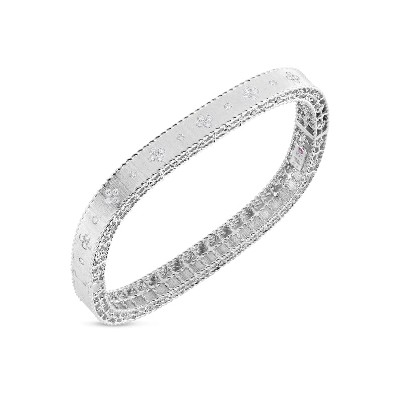 ROBERTO COIN 18 KT GOLD SATIN-FINISH-SLIM-BANGLE-WITH-FLEUR-DE-LIS-DIAMONDS FROM THE PRINCESS