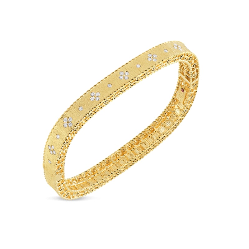 ROBERTO COIN 18 KT GOLD SATIN-FINISH-SLIM-BANGLE-WITH-FLEUR-DE-LIS-DIAMONDS FROM THE PRINCESS