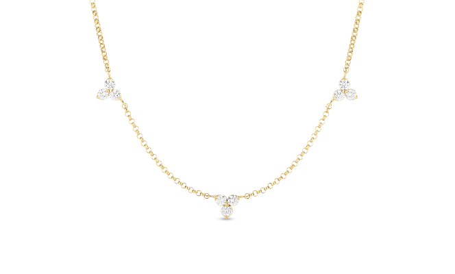 18K YELLOW GOLD DIAMONDS BY THE INCH 3 STATION FLOWER NECKLACE
