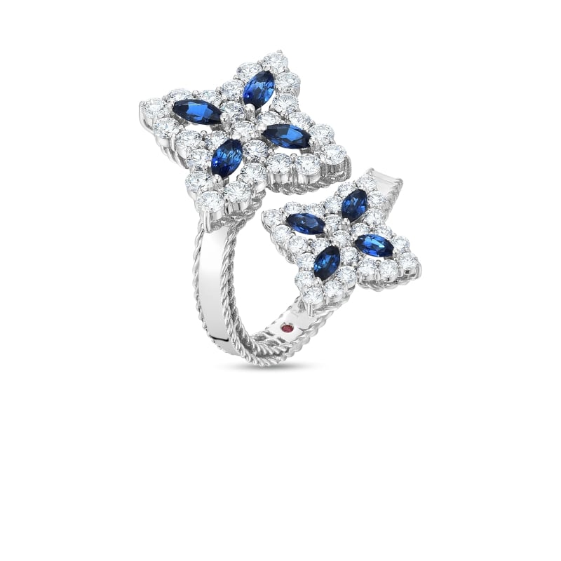 ROBERTO COIN 18K DIAMOND & SAPPHIRE FLOWER BYPASS RING FROM THE PRINCESS FLOWER
