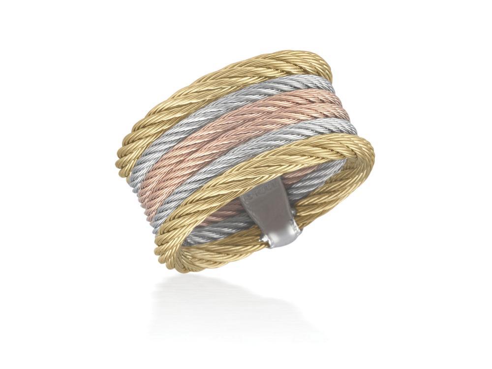 Alor Yellow cable, rose cable and grey cable 6 row, 18 karat Yellow Gold with stainless steel. Imported.