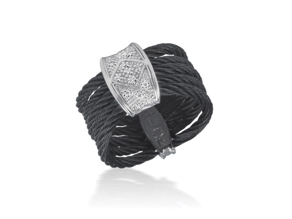 Alor Black cable 3 row 2mm, 2 row 1.6mm with 18 karat White Gold, 0.08 total carat weight Diamonds and stainless steel. Imported.