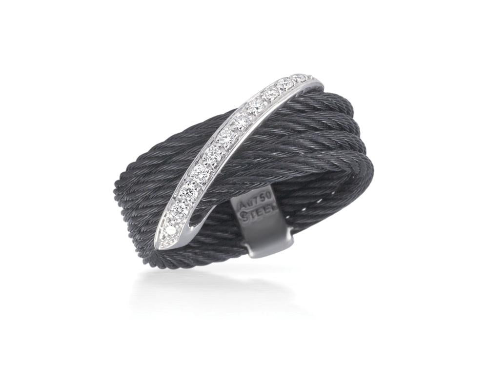 Alor Black cable 3 row 2.5 mm with 18 karat White Gold, 0.13 total carat weight Diamonds and stainless steel. Imported.
