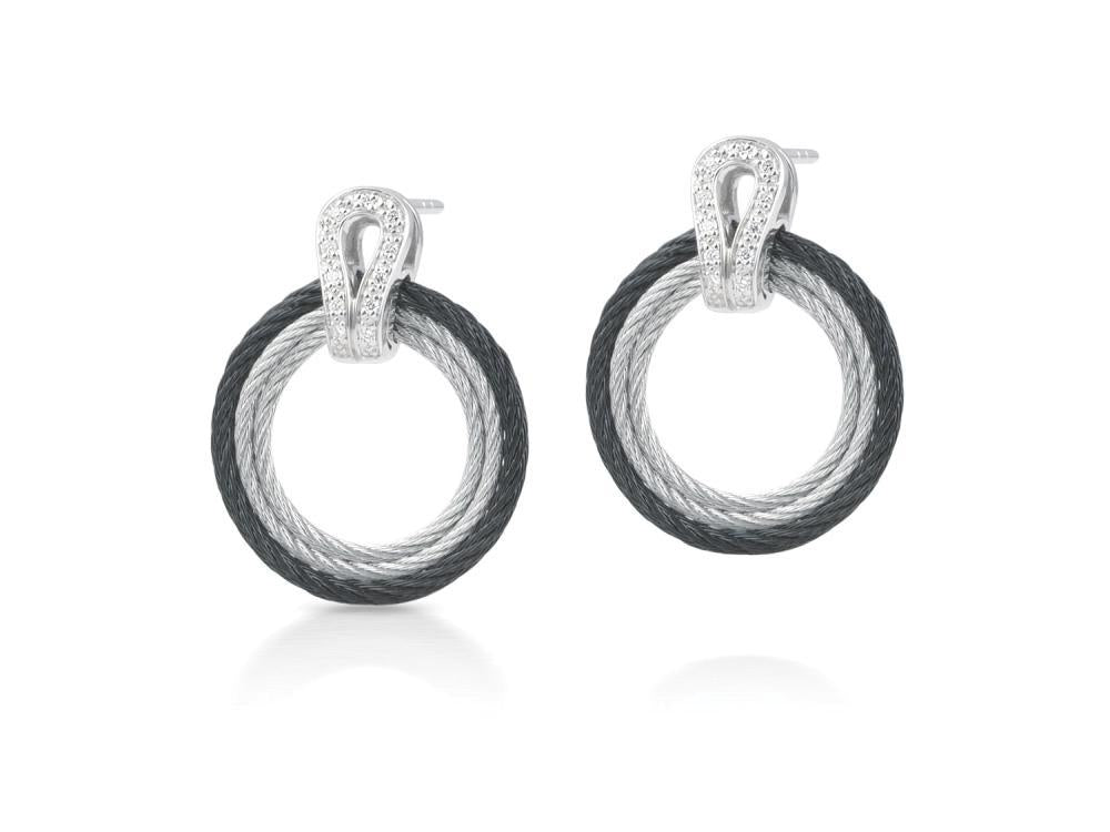 Alor Black cable and grey cable, 18 karat White Gold, 0.10 total carat weight Diamonds with stainless steel. Imported.