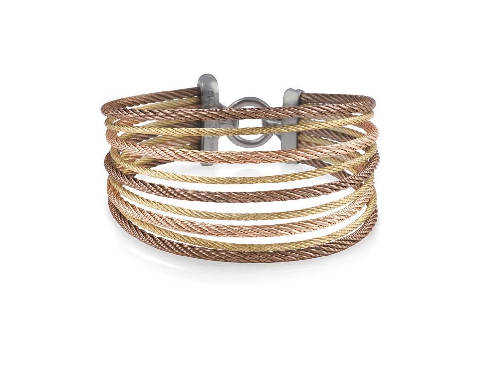 Alor Yellow cable, rose cable and bronze cable 9 row (4) 1.6mm & (5) 2.5mm, 18 karat Yellow Gold with stainless steel. Imported.