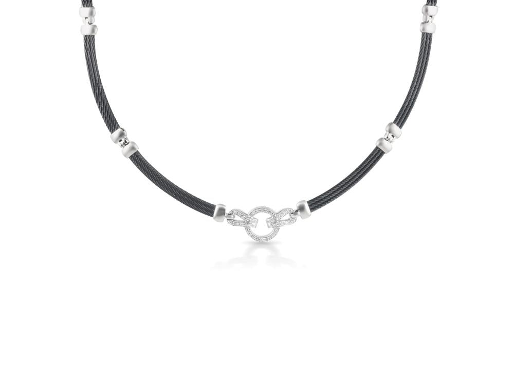 Alor Black cable 3 row 1.6mm, 18 karat White Gold, 0.20 total carat weight Diamonds and stainless steel. Imported.