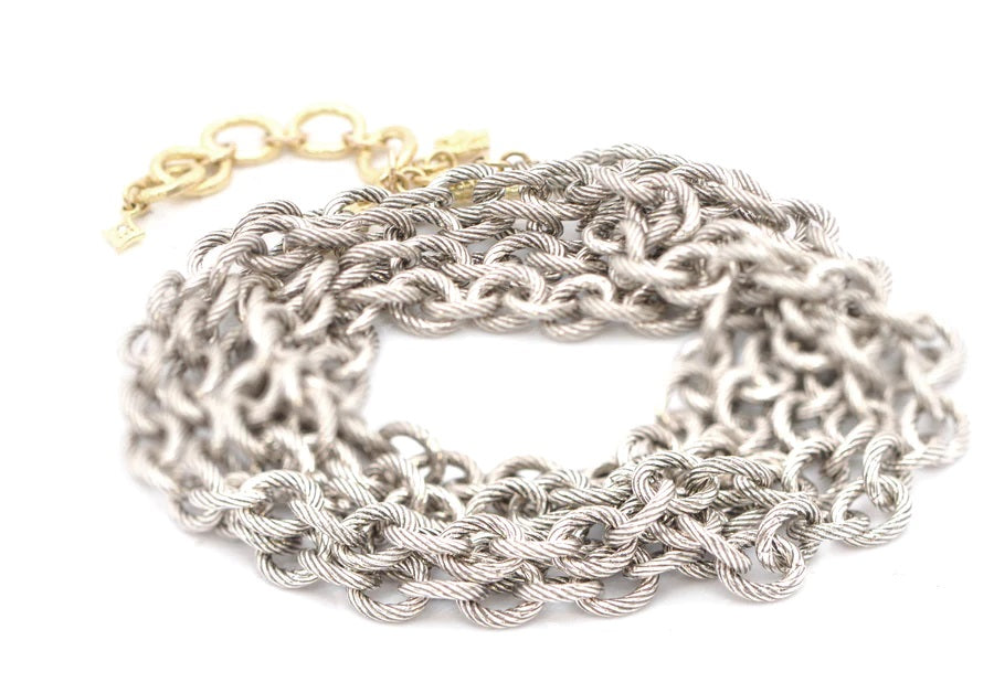 18K Yellow Gold and Sterling Silver 39" Chain Wrap Bracelet with White Diamonds. Adjustable at 38.5" and 39" (0.01 TCW)