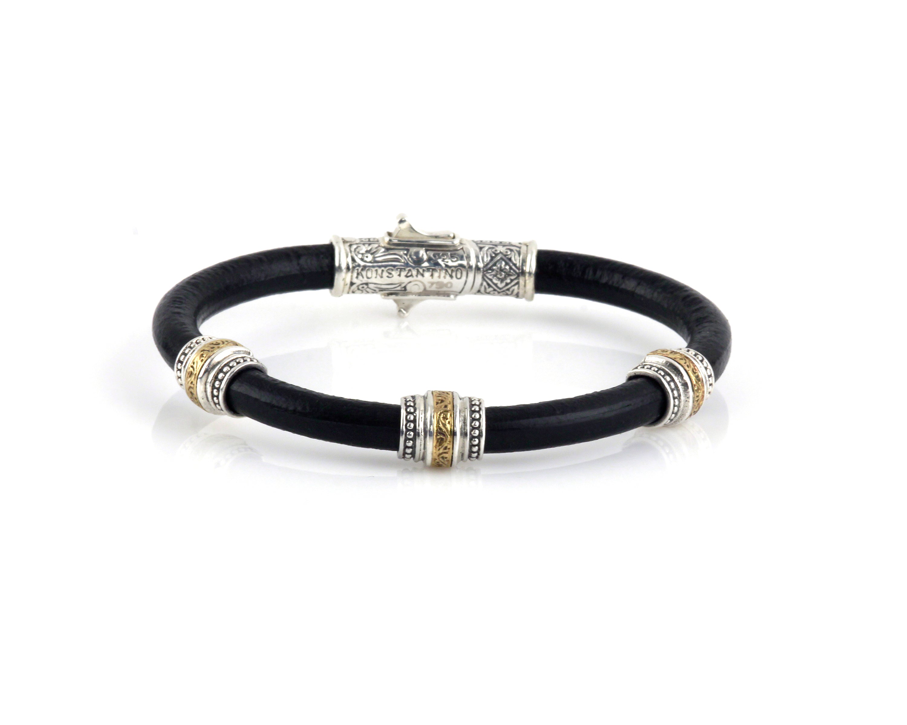PHIDIAS COLLECTIONSTERLING SILVER & BRONZE WITH BLACK LEATHER BRACELET