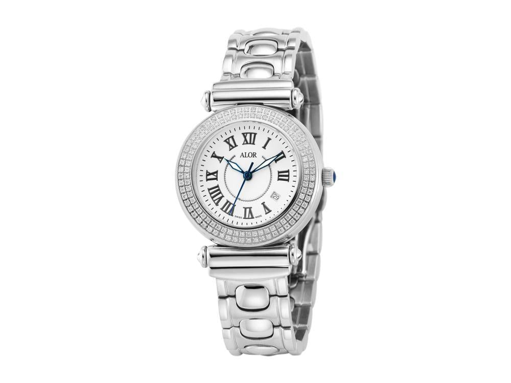 Alor 34mm Stainless Steel with Stainless Steel 0.60 total carat weight diamond bezel (120 stones), sapphire crystal and White dial with silver Roman marker dial on a stainless steel cascade bracelet. Water resistant to 3ATM.