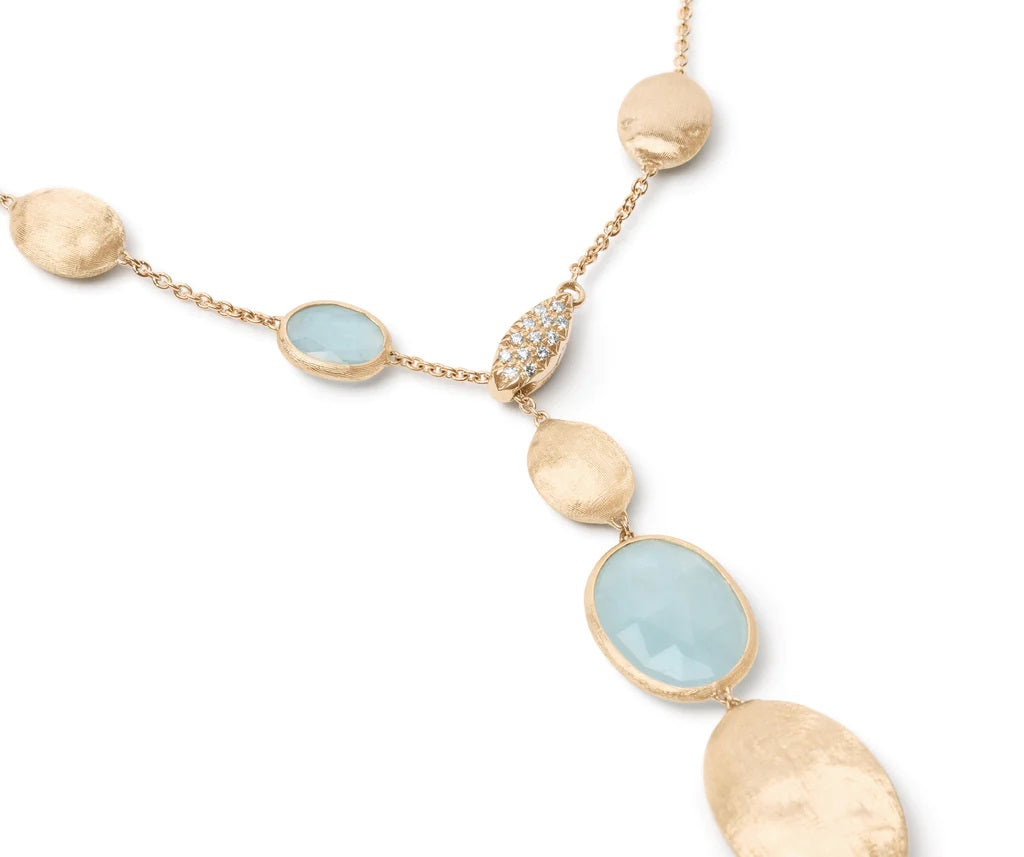 Siviglia Collection 18K Yellow Gold Aquamarine Diamond Lariat Necklace with Bead Stations