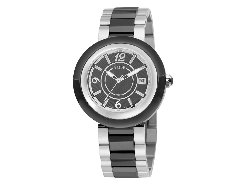 Alor 43mm Stainless Steel Swiss made with Black Ceramic/Stainless Steel bezel, Cabochon Crown, double curved sapphire crystal and black dial with silver Arabic markers on a black ceramic/Stainless Steel bracelet. Water resistant to 3ATM.