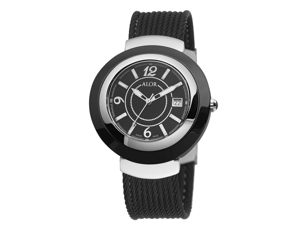 Alor 43mm Stainless Steel Swiss made with Black Ceramic/Stainless Steel bezel, Cabochon Crown, double curved sapphire crystal and black dial with silver Arabic markers on a black Stainless Steel bracelet. Water resistant to 3ATM.