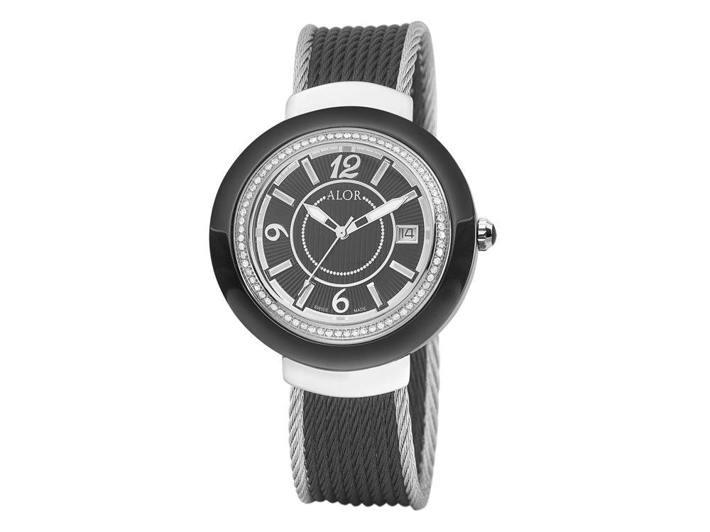 Alor 43mm Stainless Steel Swiss made with Black Ceramic/Stainless Steel bezel, Cabochon Crown, double curved sapphire crystal and black dial with silver Arabic markers, 0.73 total carat weight Diamonds (73 stones) on a grey (outside 2 row 2.5mm) and blac