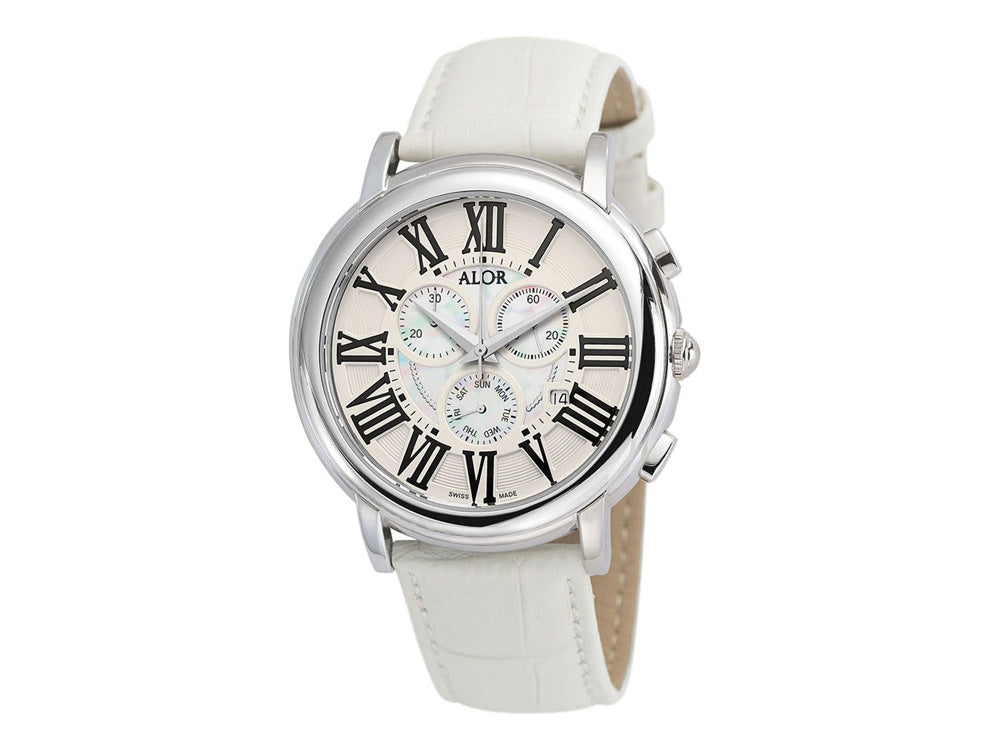 Alor 45mm Stainless Steel Swiss made with Stainless Steel bezel, sapphire crystal and MOP/white chronograph dial with black Roman markers on a white genuine leather strap. Water resistant to 3ATM.