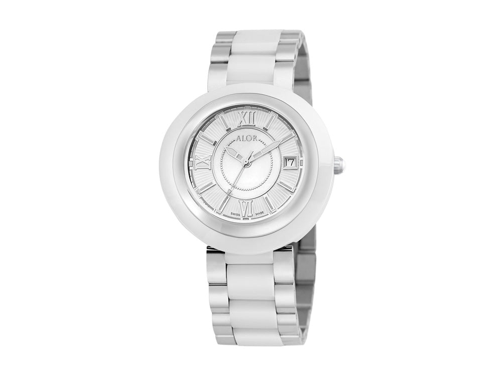 Alor 37mm Stainless Steel Swiss made with White Ceramic/Stainless Steel bezel, Cabochon Crown, double curved sapphire crystal and MOP/white dial with silver Roman markers on a white ceramic/Stainless Steel bracelet. Water resistant to 3ATM.