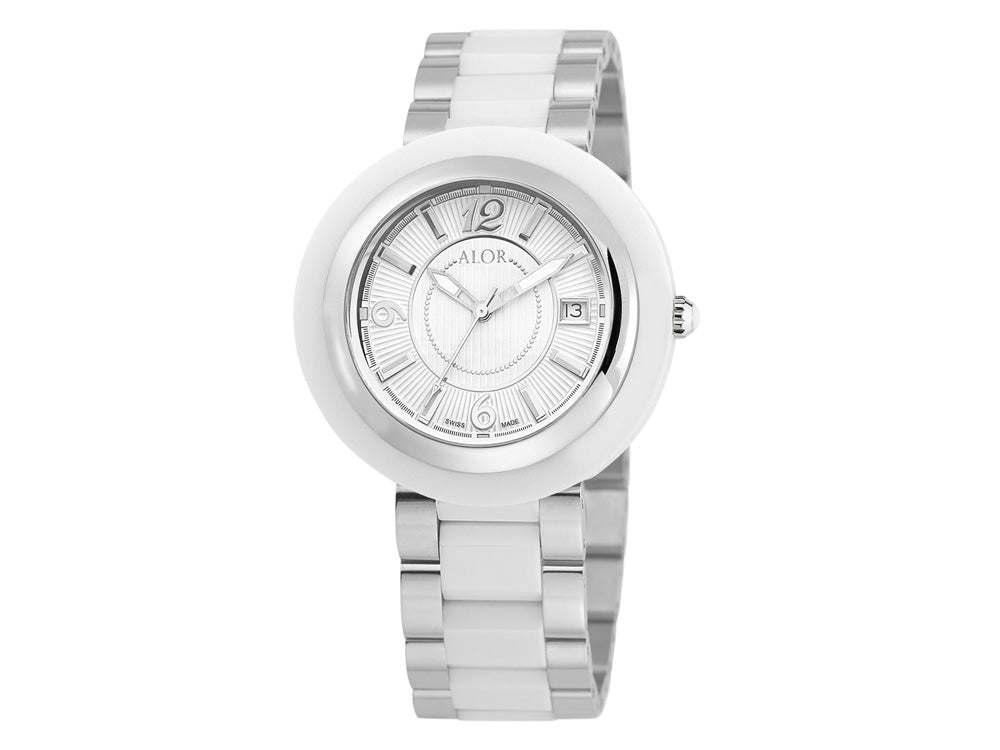 Alor 43mm Stainless Steel Swiss made with White Ceramic/Stainless Steel bezel, Cabochon Crown, double curved sapphire crystal and white dial with silver Arabic markers on a white ceramic/Stainless Steel bracelet. Water resistant to 3ATM.