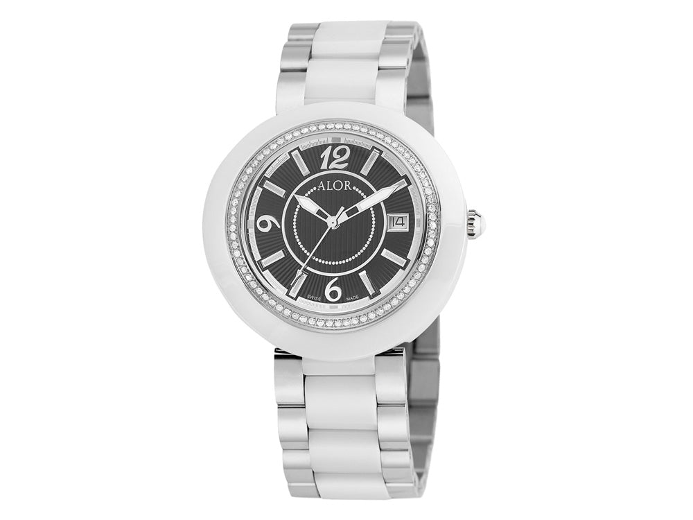 Alor 43mm Stainless Steel Swiss made with White Ceramic/Stainless Steel bezel, Cabochon Crown, double curved sapphire crystal and black dial with silver Arabic markers, 0.73 total carat weight Diamonds (73 stones) on a white ceramic/Stainless Steel brace