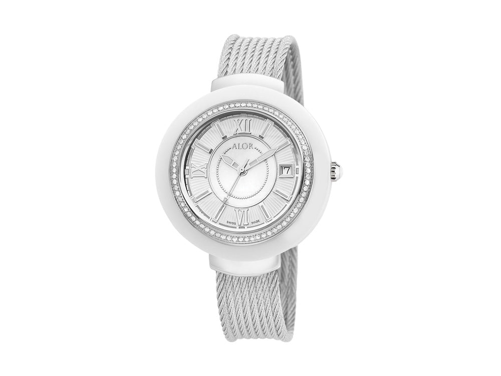 Alor 37mm Stainless Steel Swiss made with White Ceramic/Stainless Steel bezel, Cabochon Crown, double curved sapphire crystal and MOP/white dial with silver Roman markers, 0.53 total carat weight Diamonds (66 stones) on a grey (2 row 2.5mm and 6 row 2.0m