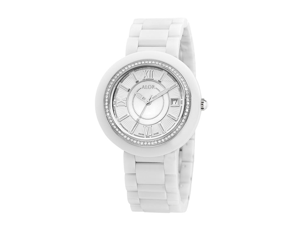 Alor 37mm Stainless Steel Swiss made with White Ceramic/Stainless Steel bezel, Cabochon Crown, double curved sapphire crystal and MOP/white dial with silver Roman markers, 0.53 total carat weight Diamonds (66 stones) on a white ceramic bracelet. Water re