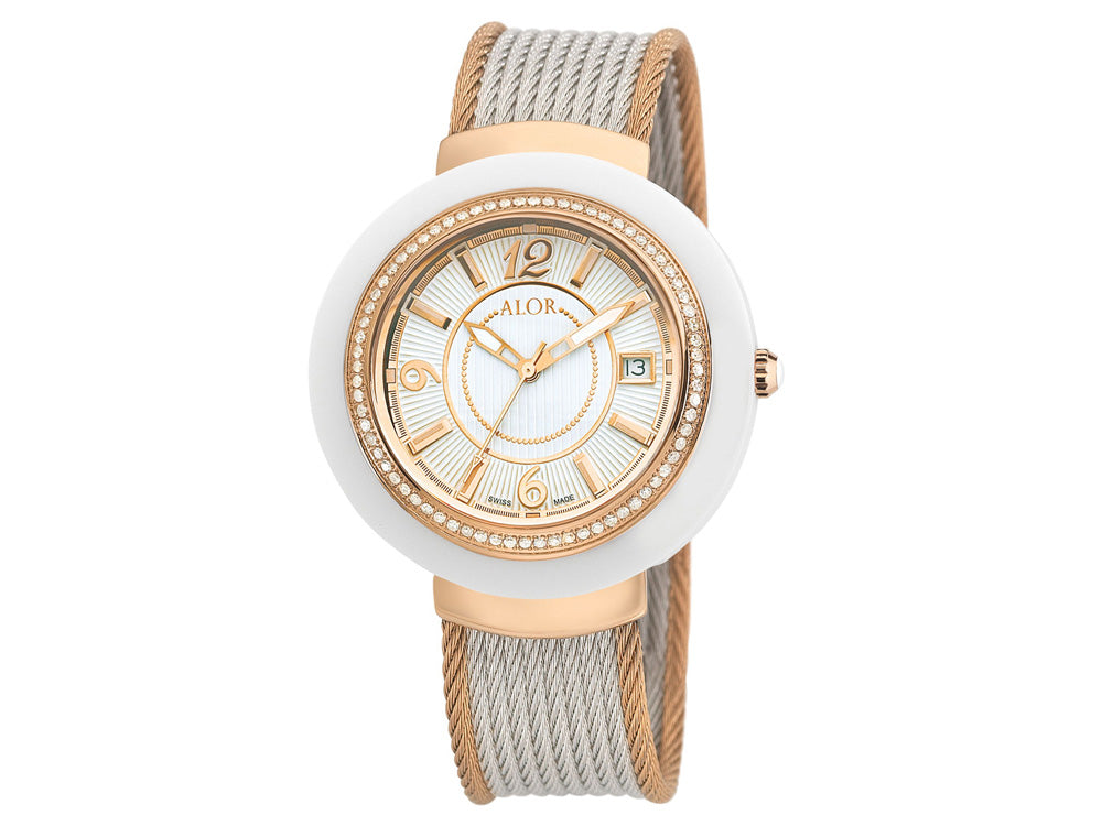 Alor 43mm Stainless Steel Swiss made with White Ceramic/Rose PVD bezel, Cabochon Crown, double curved sapphire crystal and white dial with rose Arabic markers, 0.73 total carat weight Diamonds (73 stones) on a rose (outside 2 row 2.5mm) and grey (inside