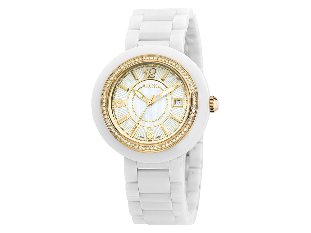 Alor 43mm Stainless Steel Swiss made with White Ceramic/Yellow PVD bezel, Cabochon Crown, double curved sapphire crystal and white dial with yellow Arabic markers 0.73 total carat weight Diamonds (73 stones) on a white ceramic bracelet. Water resistant t