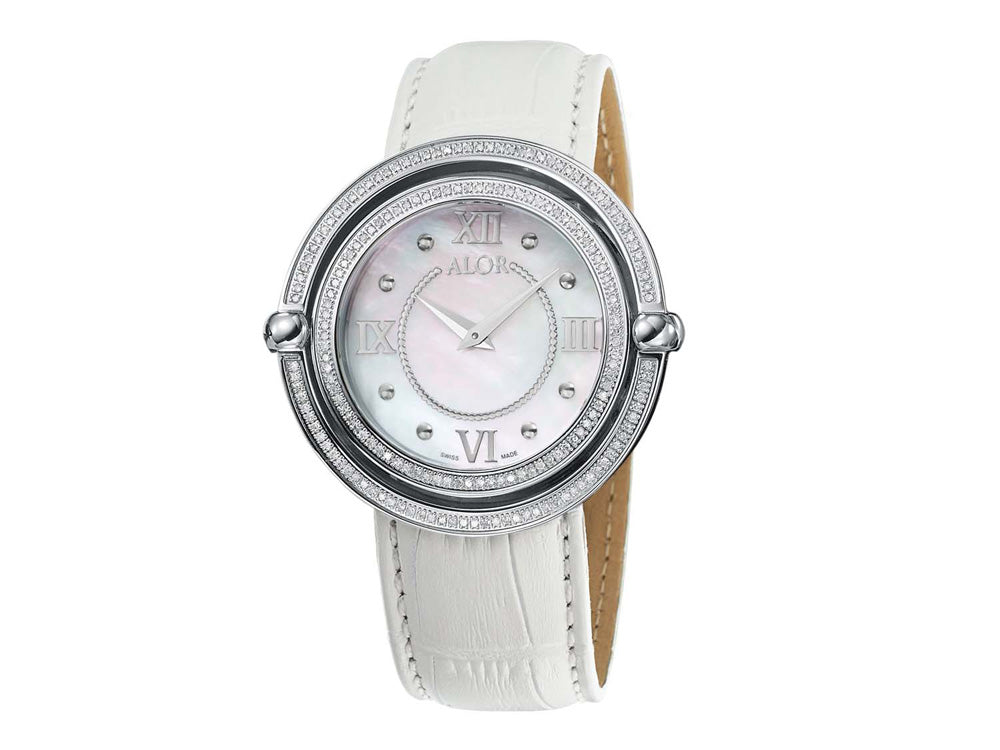 Alor 43mm Stainless Steel Swiss made with Stainless Steel bezel, double curved sapphire crystal and MOP dial with silver Roman markers, 0.92 total carat weight Diamonds (184 stones) on a white genuine leather strap. Water resistant to 3ATM.