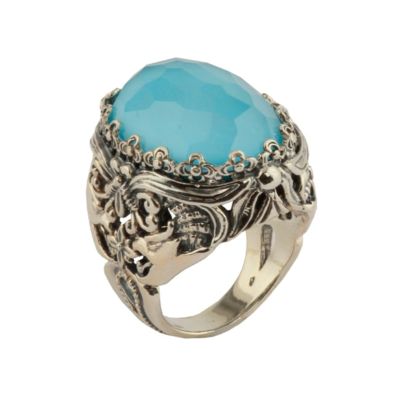 KONSTANTINO STERLING SILVER AND ROCK CRYSTAL TURQUOISE DUBLET SMALL OVAL RING FROM THE AEGEAN COLLEC