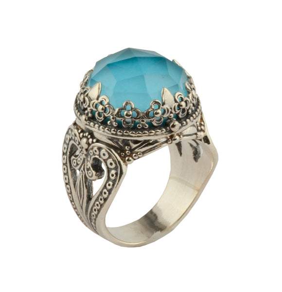 KONSTANTINO STERLING SILVER AND ROCK CRYSTAL TURQUOISE DUBLET ROUND RING FROM THE AEGEAN COLLECTION