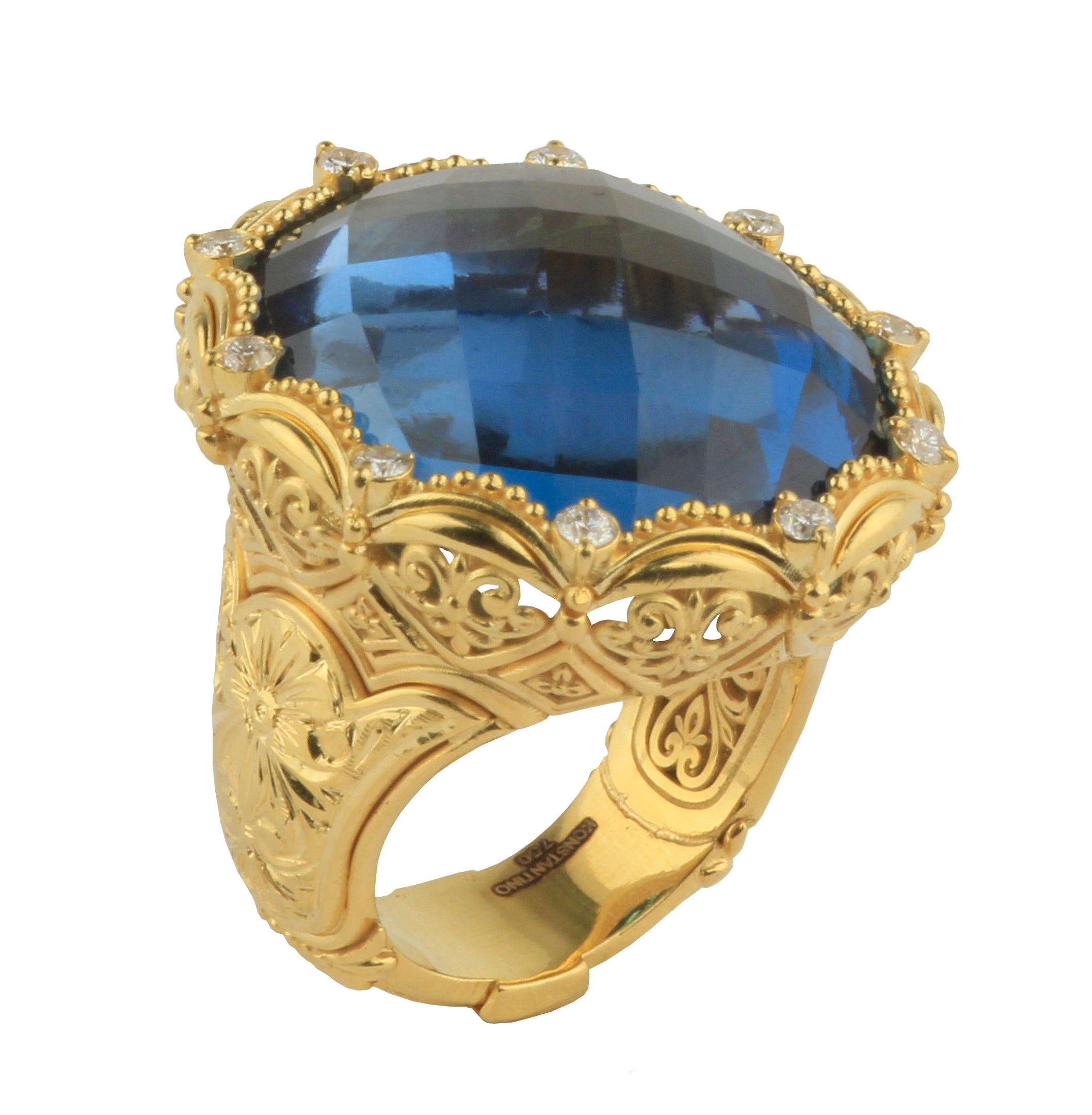 KONSTANTINO 18K GOLD (15.0GR +/-) LONDON BLUE TOPAZ (38.0CT +/-) DIAMOND (0.35CT +/-) RING FROM THE