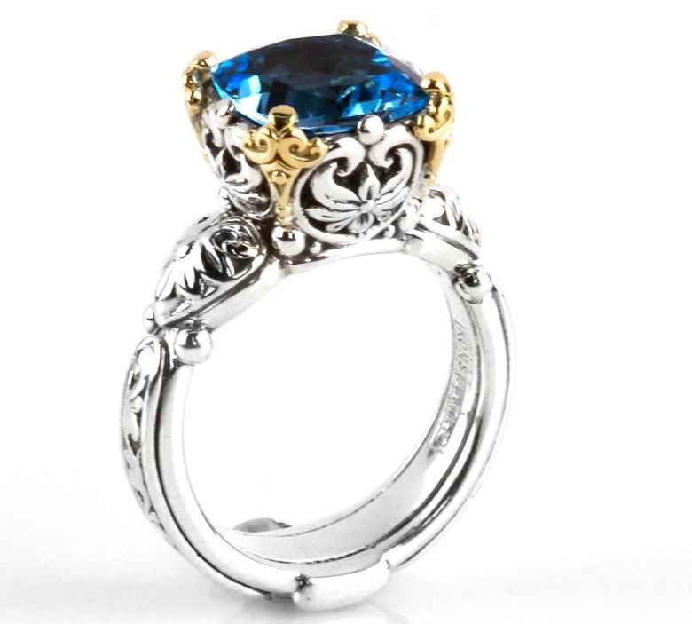 KONSTANTINO STERLING SILVER, 18K YELLOW GOLD AND BLUE TOPAZ RING FROM THE HERMOINE COLLECTION