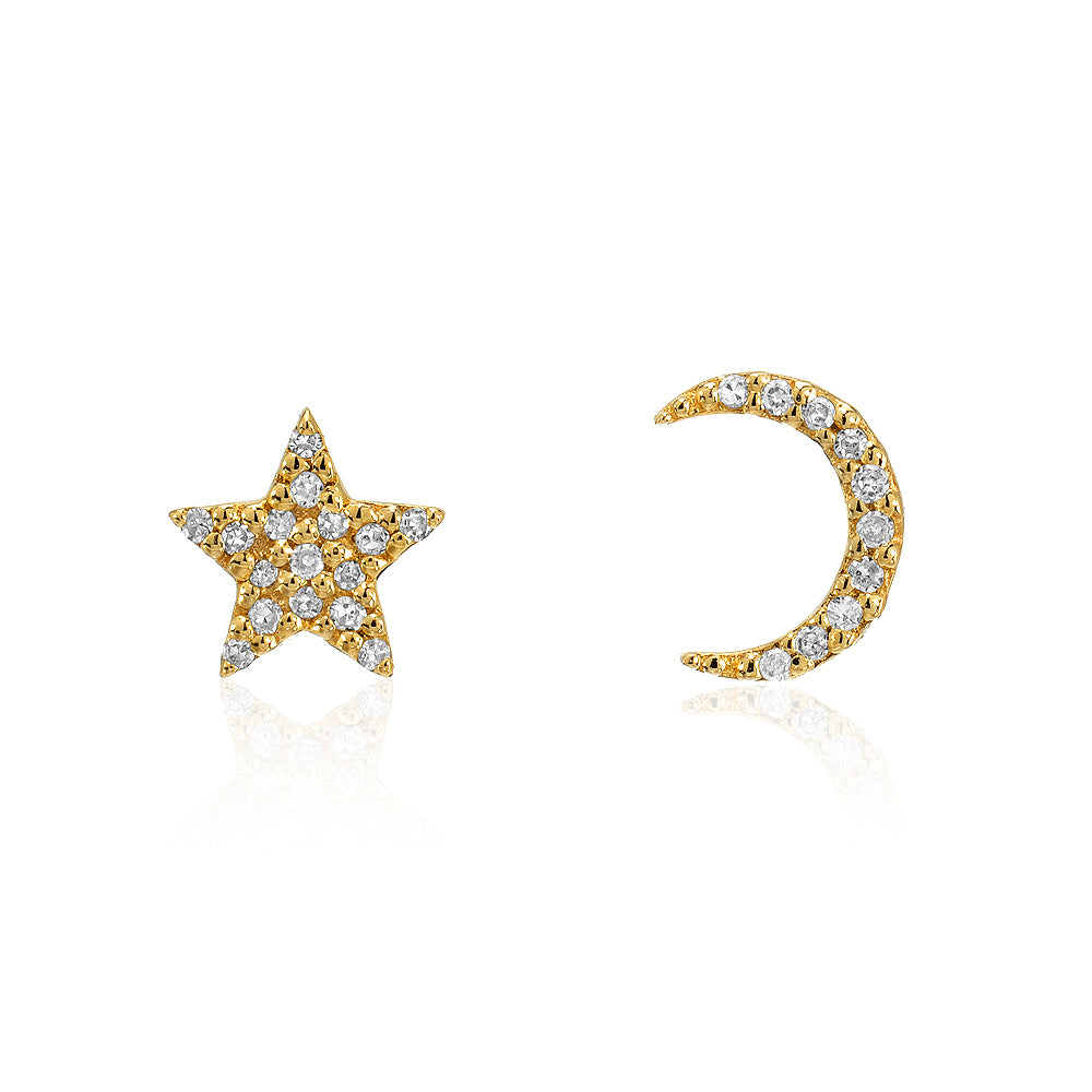 LIVEN CO 14KY GOLD & 0.06CT DIAMOND CRESCENT & STAR EARRINGS