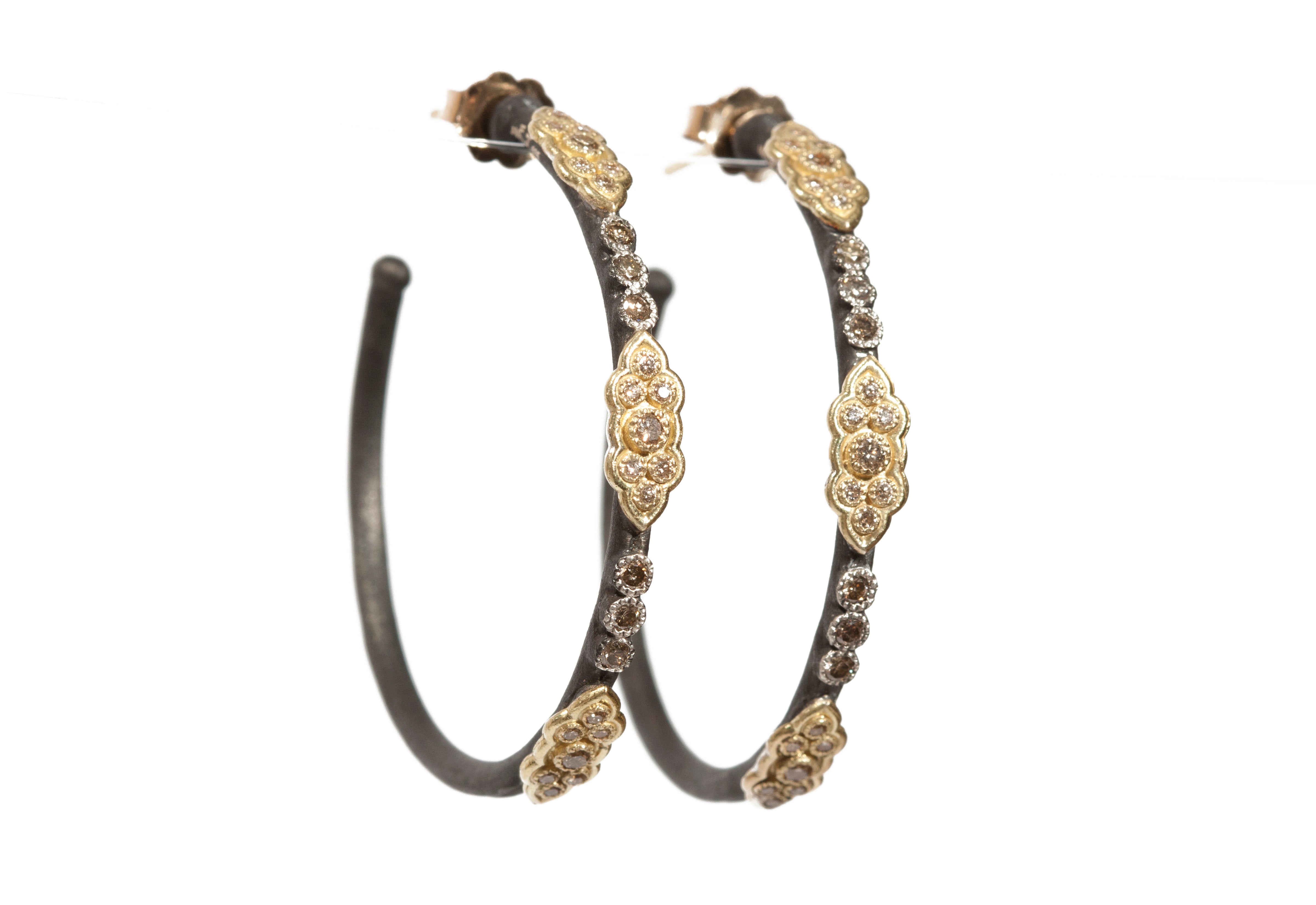 ARMENTA BLACKENED STERLING SILVER & 18K YELLOW GOLD SCROLL STATION  HOOPS WITH CHAMPAGNE DIAMONDS