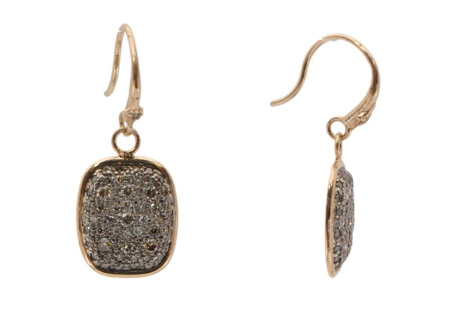 14k Rose Gold and Grey rhodium finish Sterling Silver medium cushion shape shield featuring 0.73TCW champagne diamond pave shield drop earrings on crivelli french hook. Measures 17mmx11.5mm (27.5mm with hook).