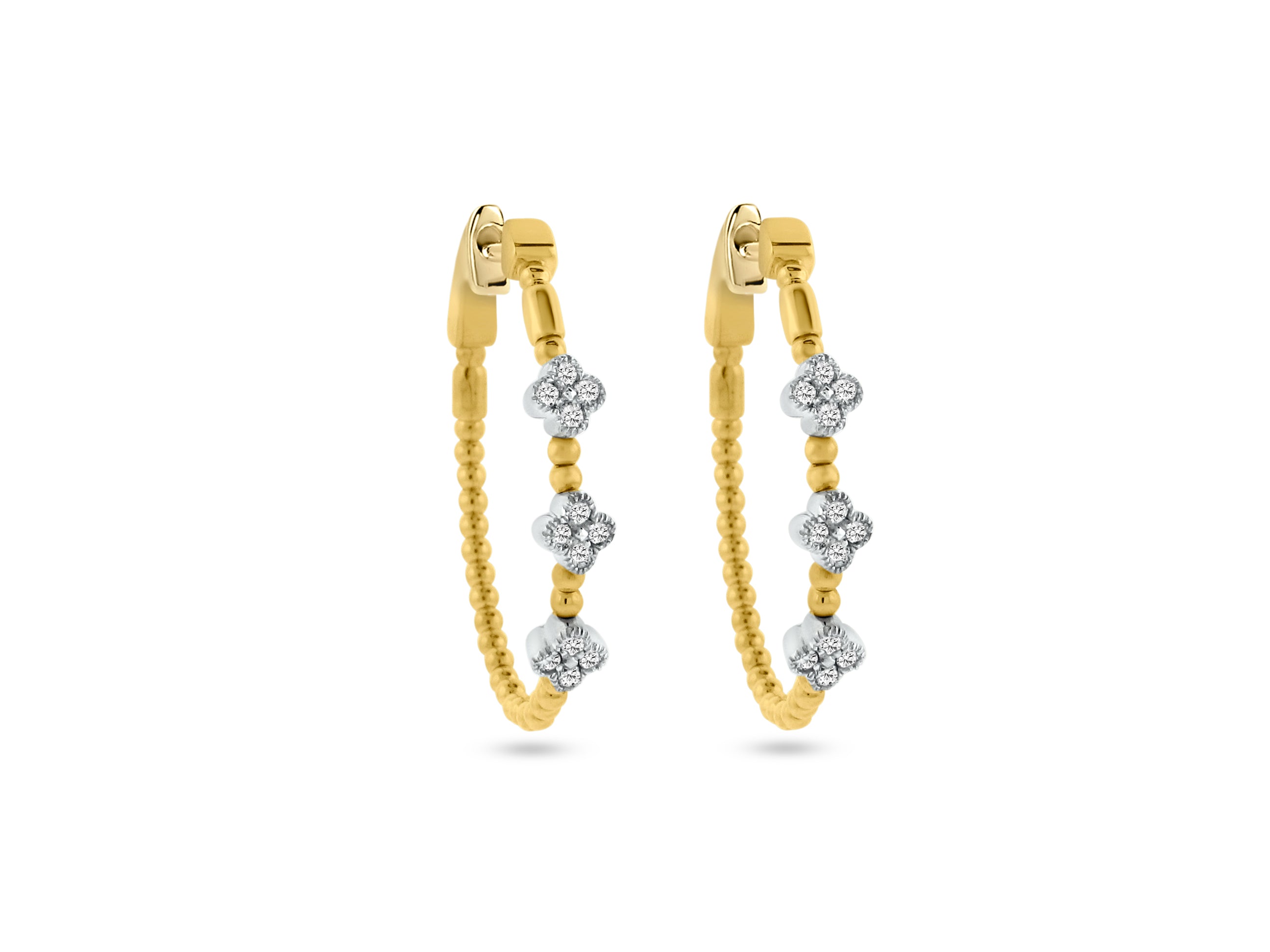 MULLOYS PRIVE'14K YELLOW AND WHITE GOLD .30CT SI1-2 CLARITY AND G-H COLOR DIAMOND CLOVER HOOPS